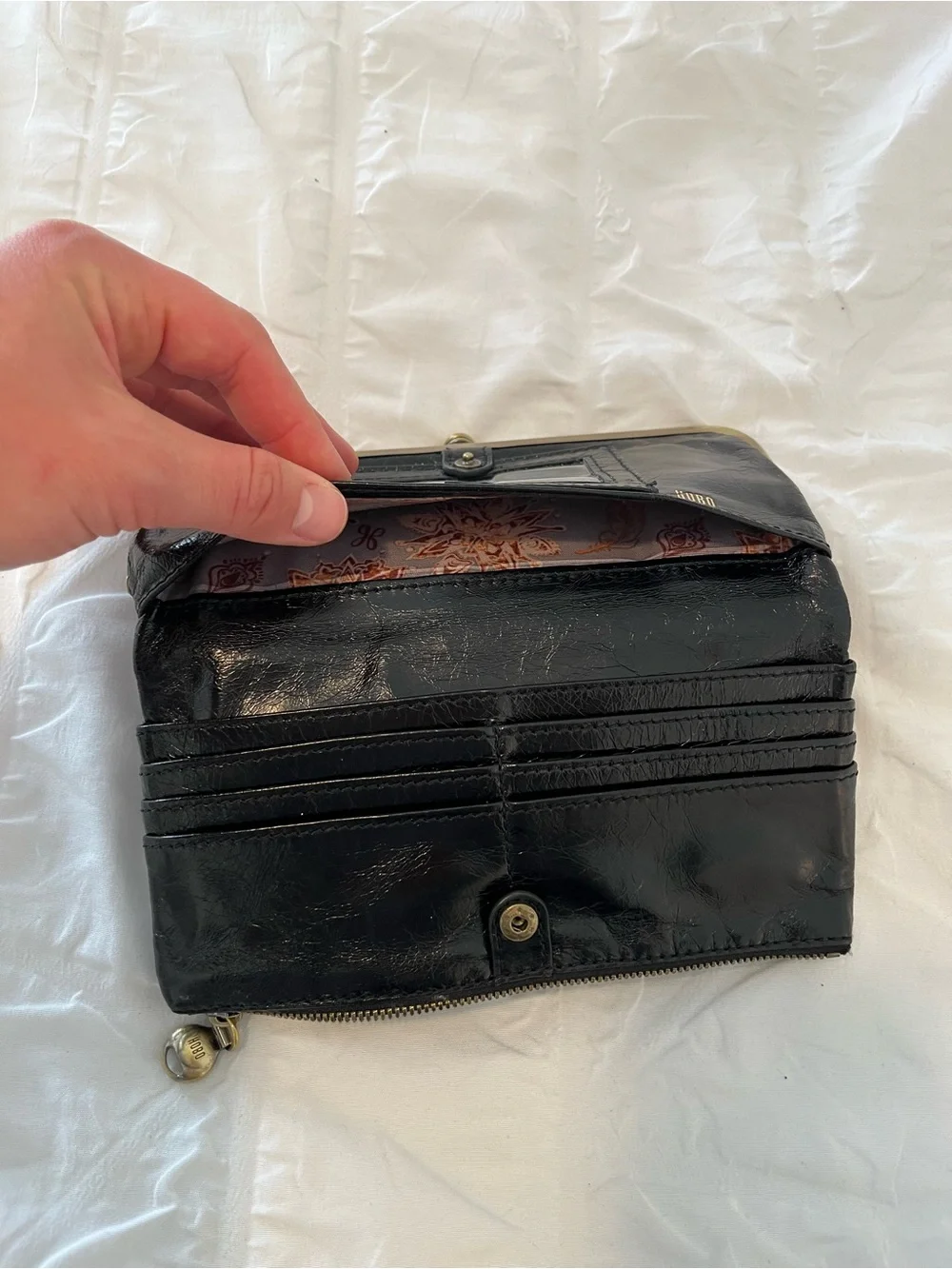 HOBO Black Leather Kiss-Lock Clutch Wallet with Gold-Tone Frame